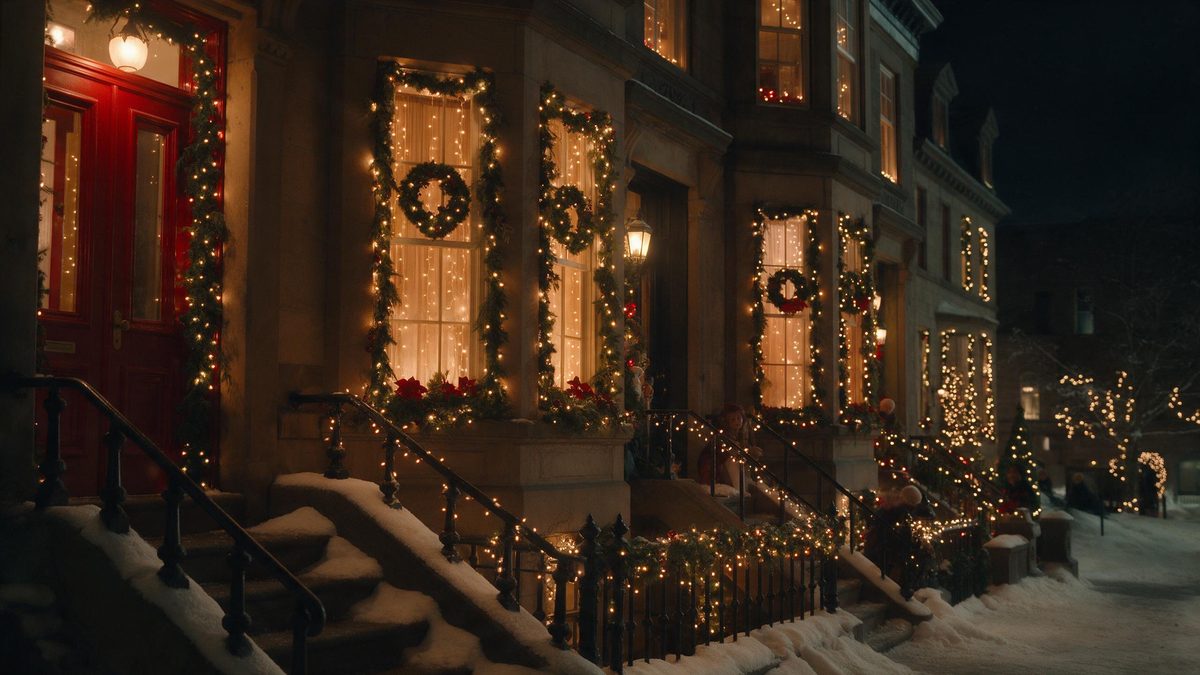 A stone townhouse wrapped in warm fairy lights with wreaths at the windows and snow on the steps