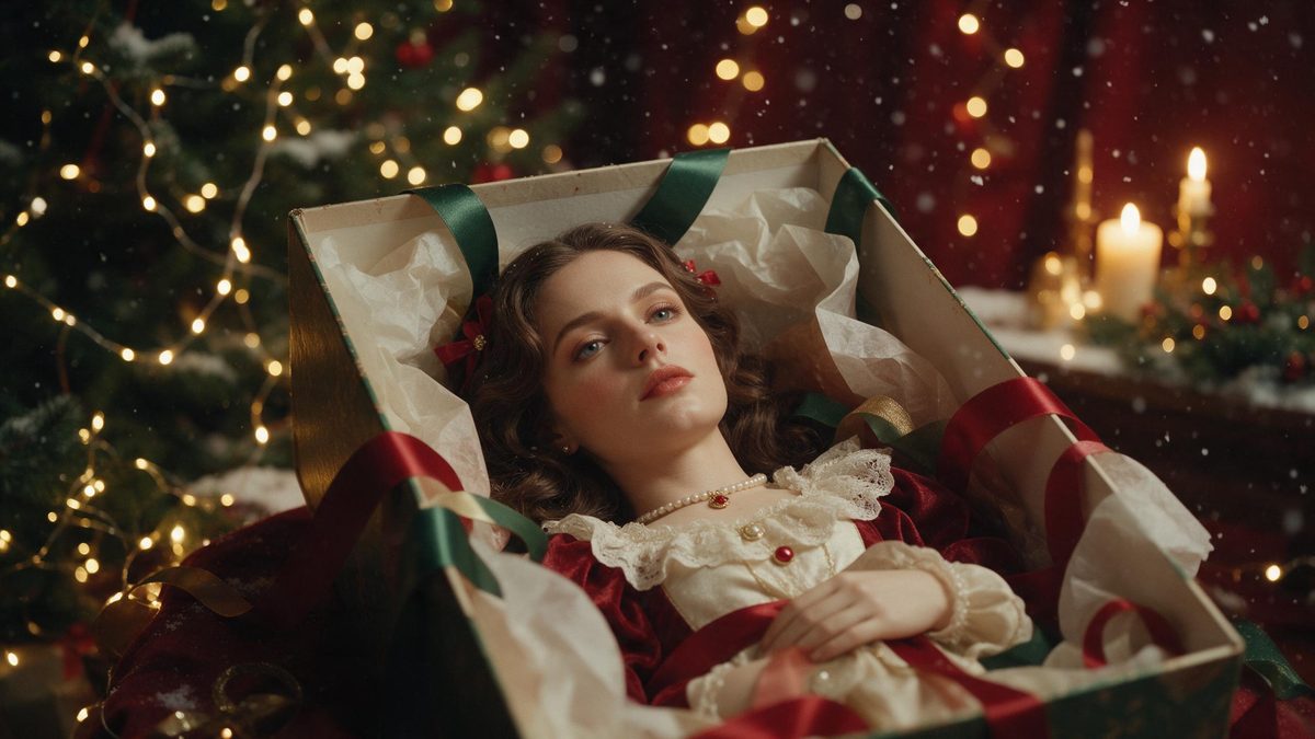 A woman presented as a porcelain doll inside a lined gift box with ribbons and tissue paper