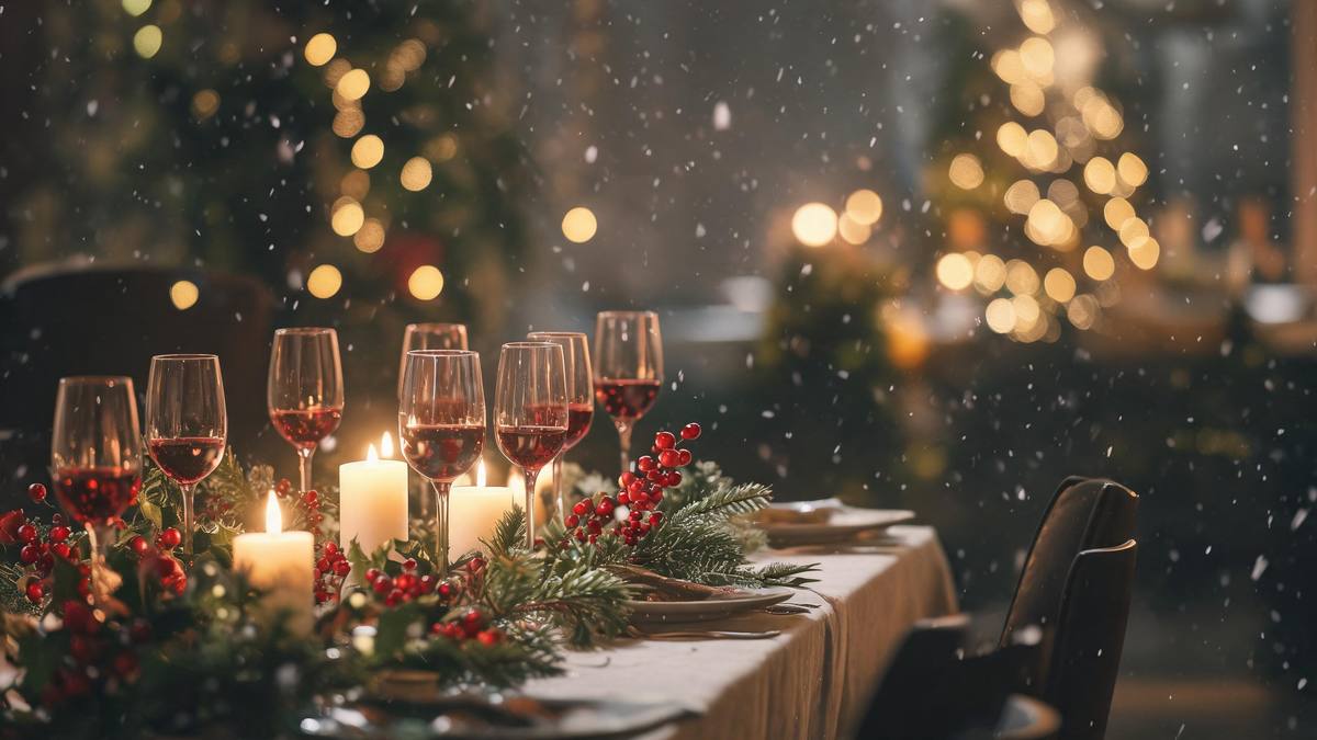 A festive table with a row of wine glasses, lit candles and evergreen sprigs