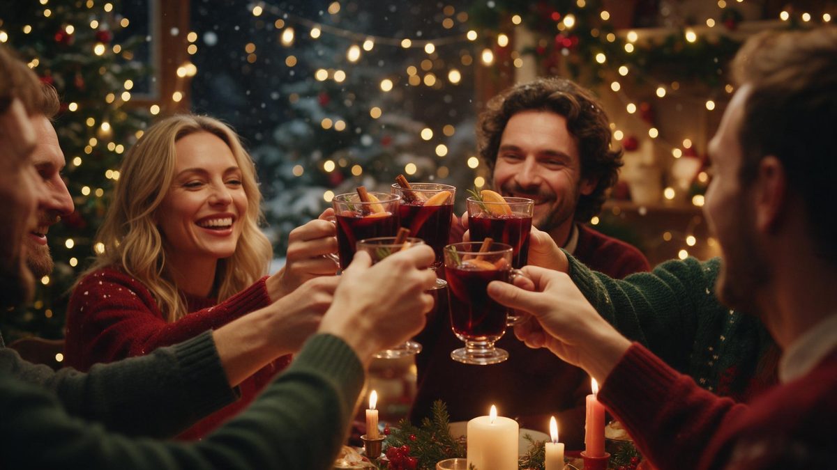 Adult friends raising glasses of mulled wine around a festive table under warm fairy lights