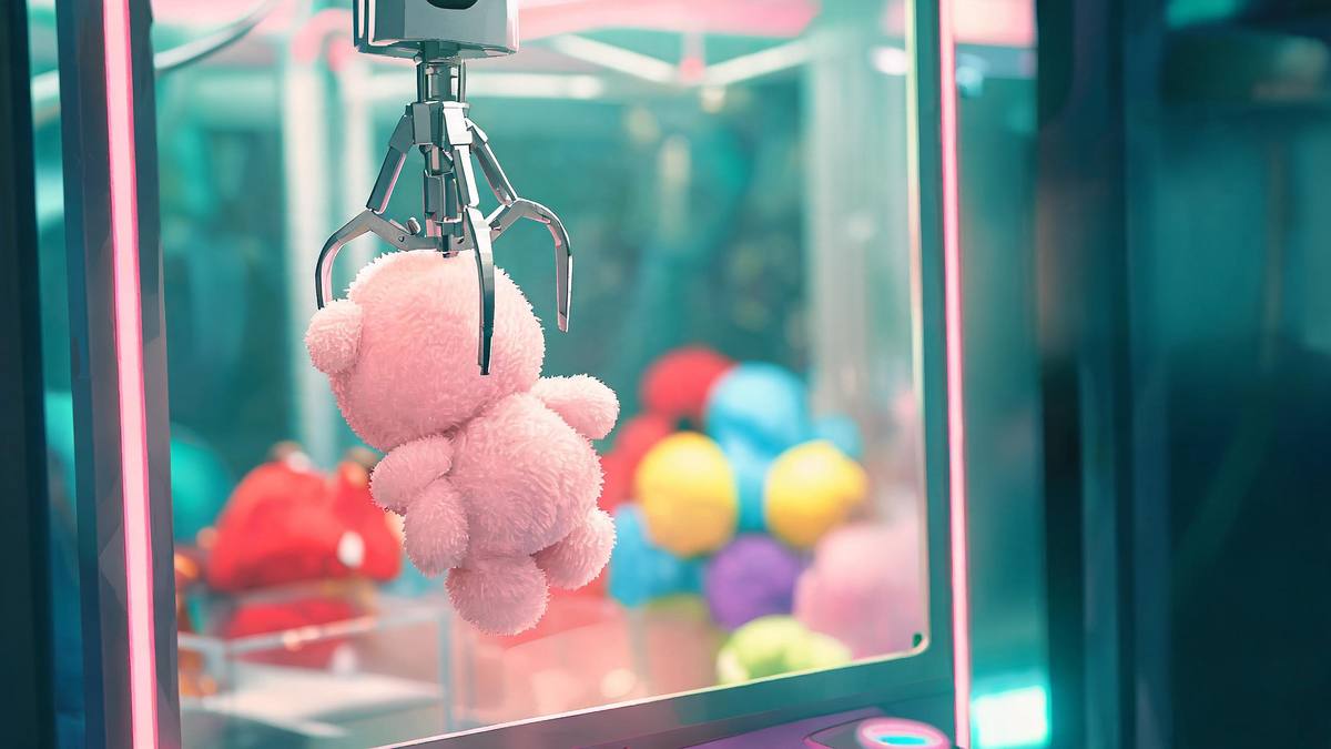 Close-up of a metal claw gripping a soft plush toy inside a lit arcade cabinet