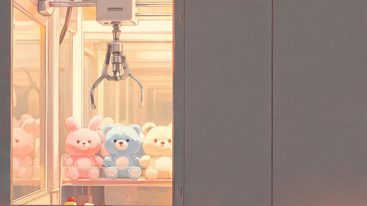 A metal claw lowered over a row of plush toys inside a lit arcade claw machine