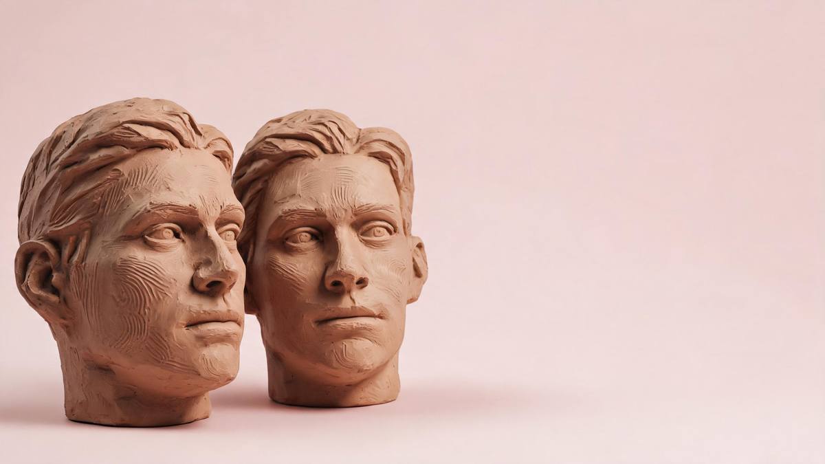 Two sculpted clay figurine heads side by side with fingerprint texture on a pastel backdrop