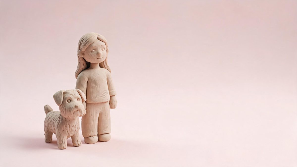 Two clay figurines of a woman and a small dog standing together on a pastel background