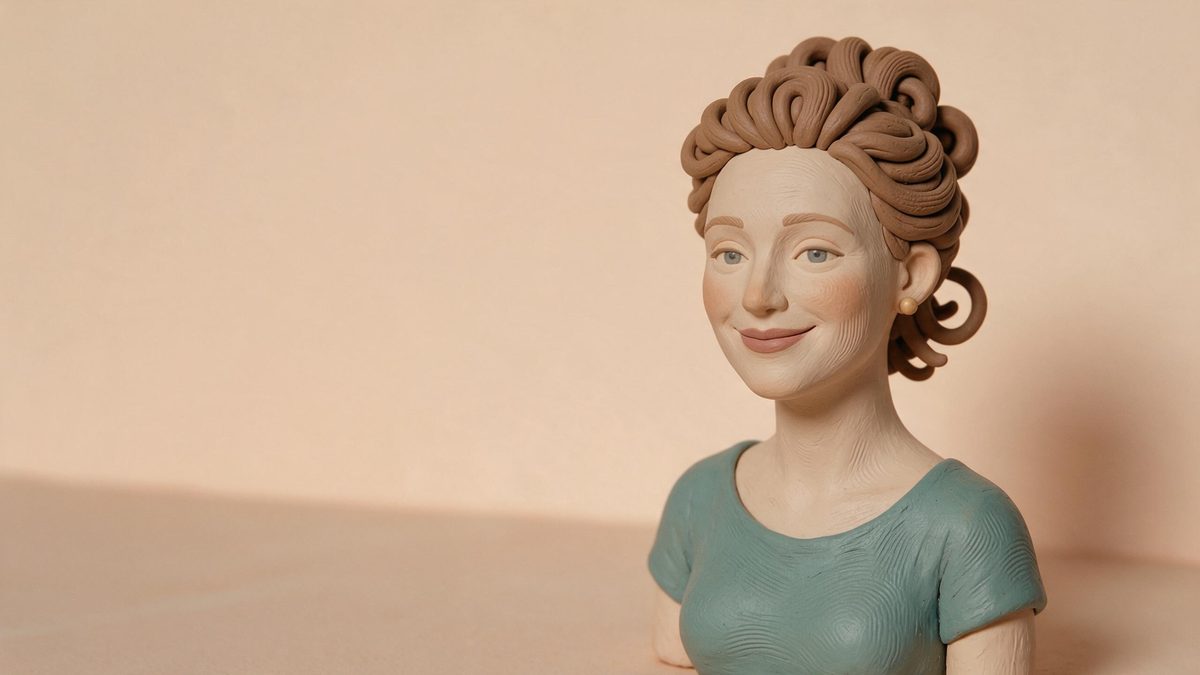 A hand-modelled clay figurine of a smiling woman on a pastel background with fingerprint texture visible in the clay
