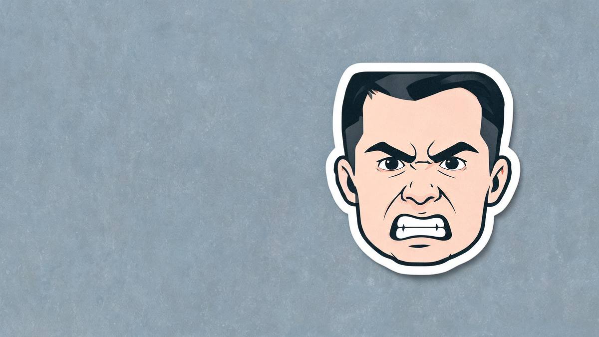 A single die-cut sticker of an angry comic face with bold outlines and a white border