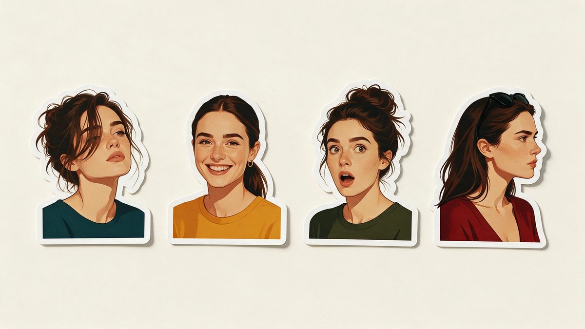 A sticker sheet showing four expressive comic faces of the same woman with white sticker borders