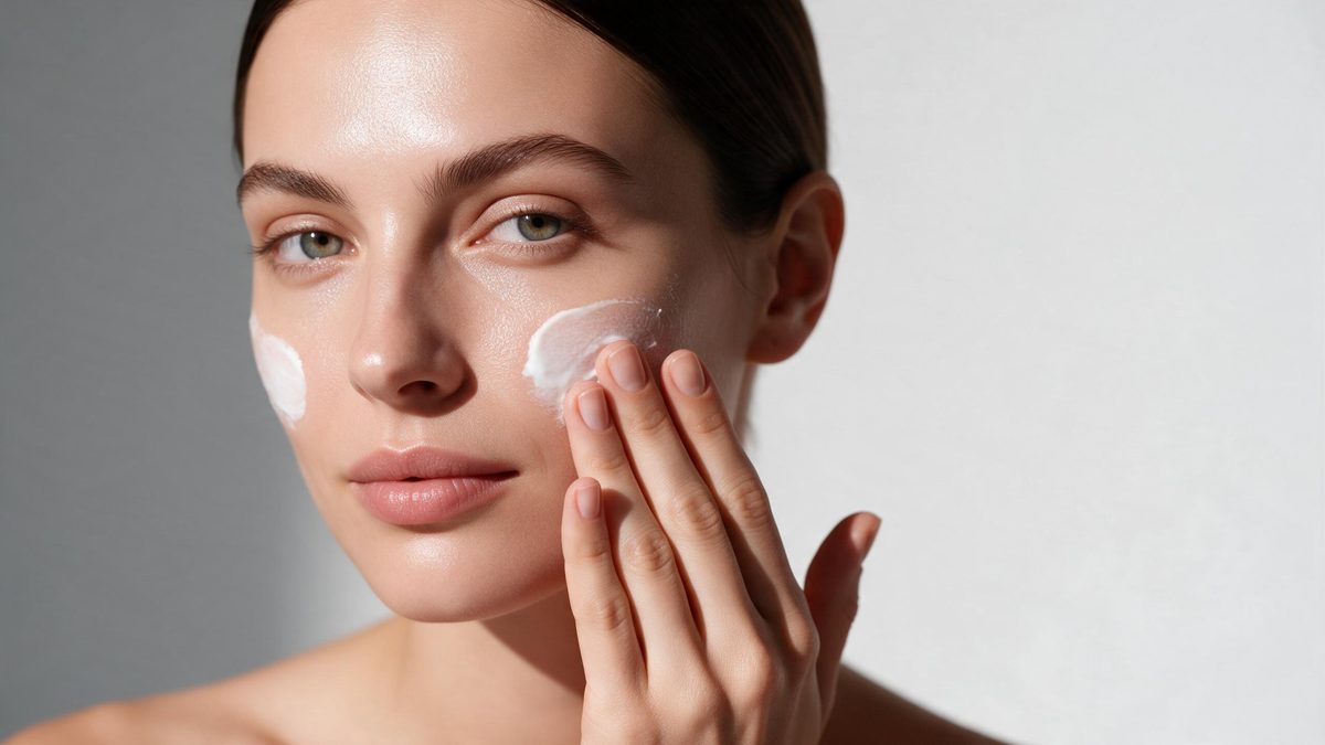 Close-up of a woman applying white face cream, her skin catching soft studio light