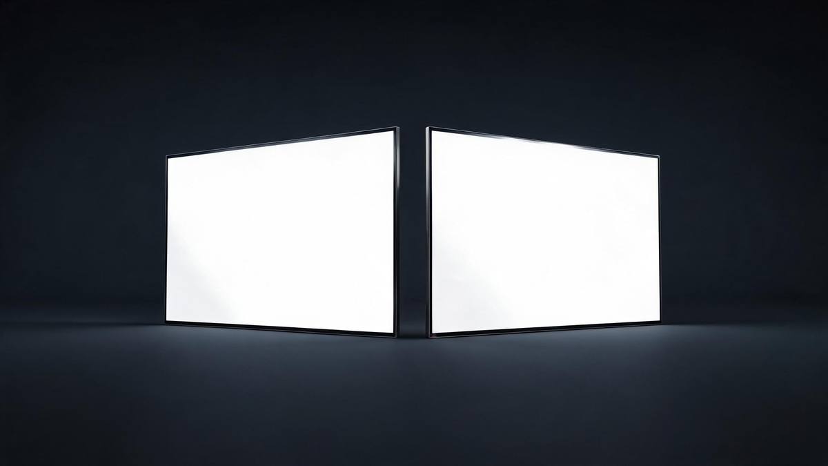 Two large glossy screen panels standing side by side in a dark studio, both blank and lit
