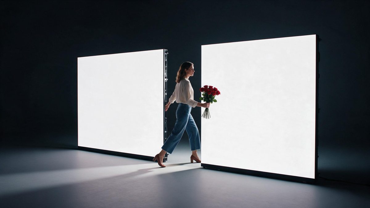 A woman holding red roses stepping from one large lit screen panel into an adjacent one in a dark studio