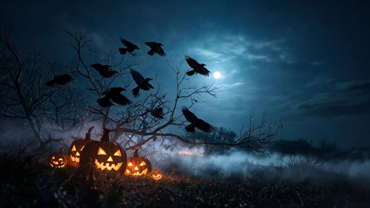 A flock of crows lifting off bare branches against a dark grey sky