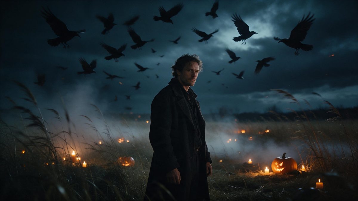 A man in a heavy dark coat standing in an open field as a flock of crows circles above him
