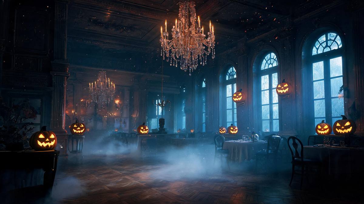An empty vintage ballroom lit by a chandelier of candles, dust hanging in the air