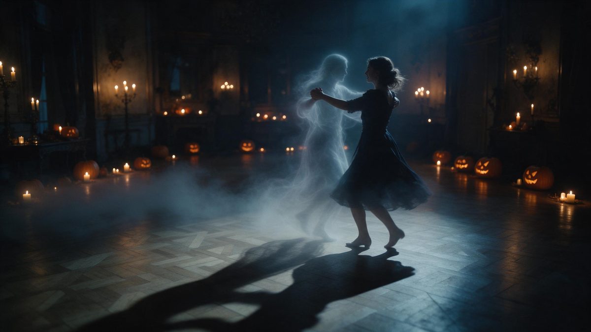 A woman in a dark dress dancing with a translucent figure in a candlelit ballroom, long shadows across a parquet floor