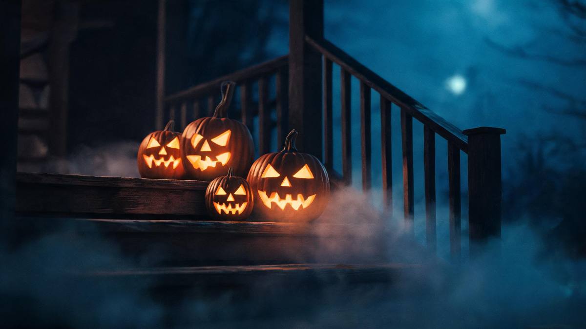 A row of carved pumpkins glowing on a wooden porch step at night with deep blue darkness behind