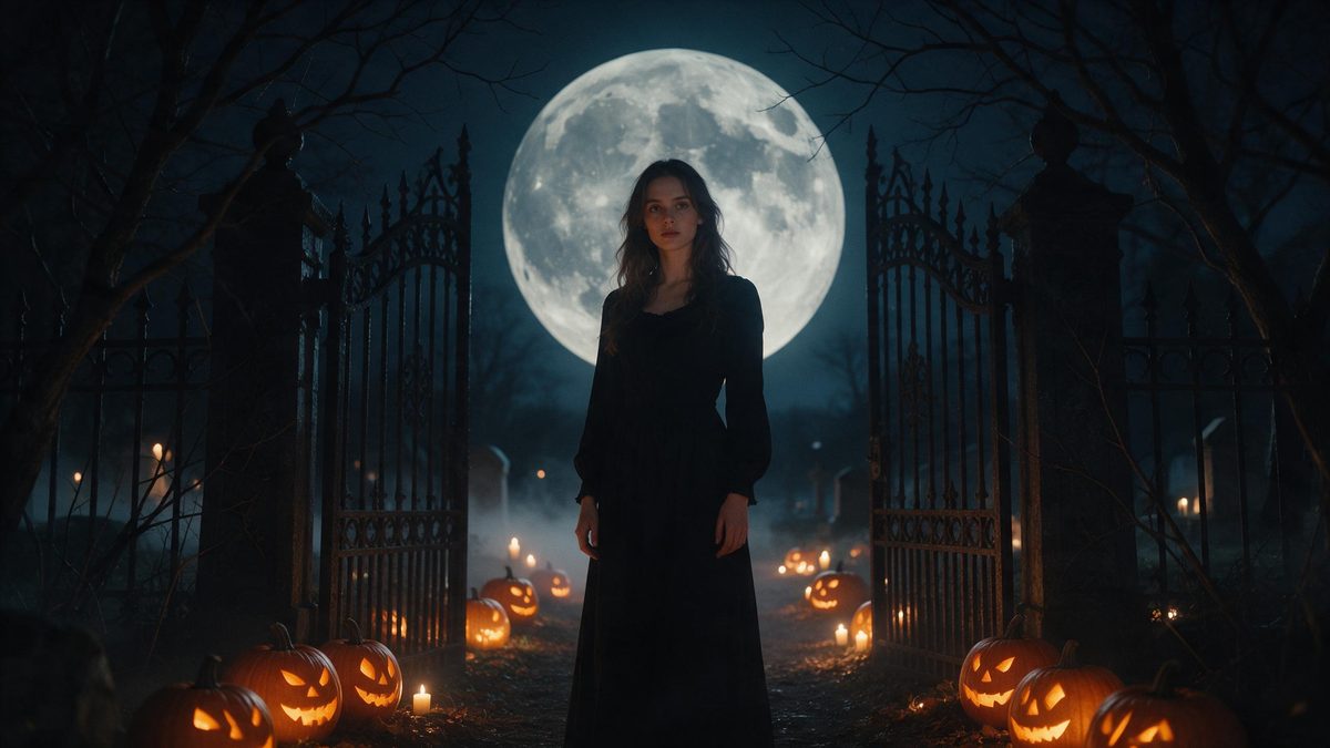 A woman in a long black dress standing between iron cemetery gates under a huge full moon, carved pumpkins glowing along the path