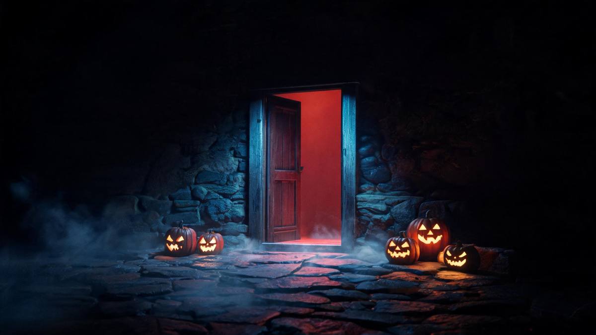 Red light spilling from a half-open doorway across bare stone floor slabs at night with thin smoke drifting low