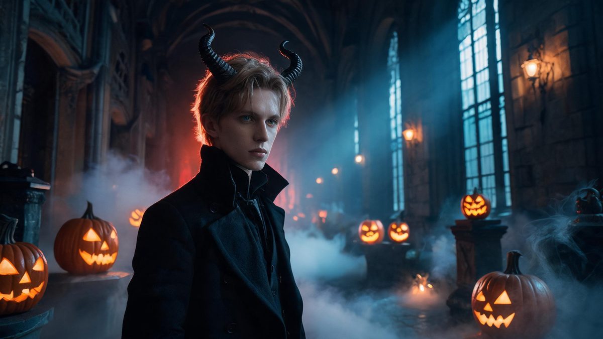 A figure in a dark tailored coat with curved horns standing in a dim hall, a faint red glow behind and smoke at floor level