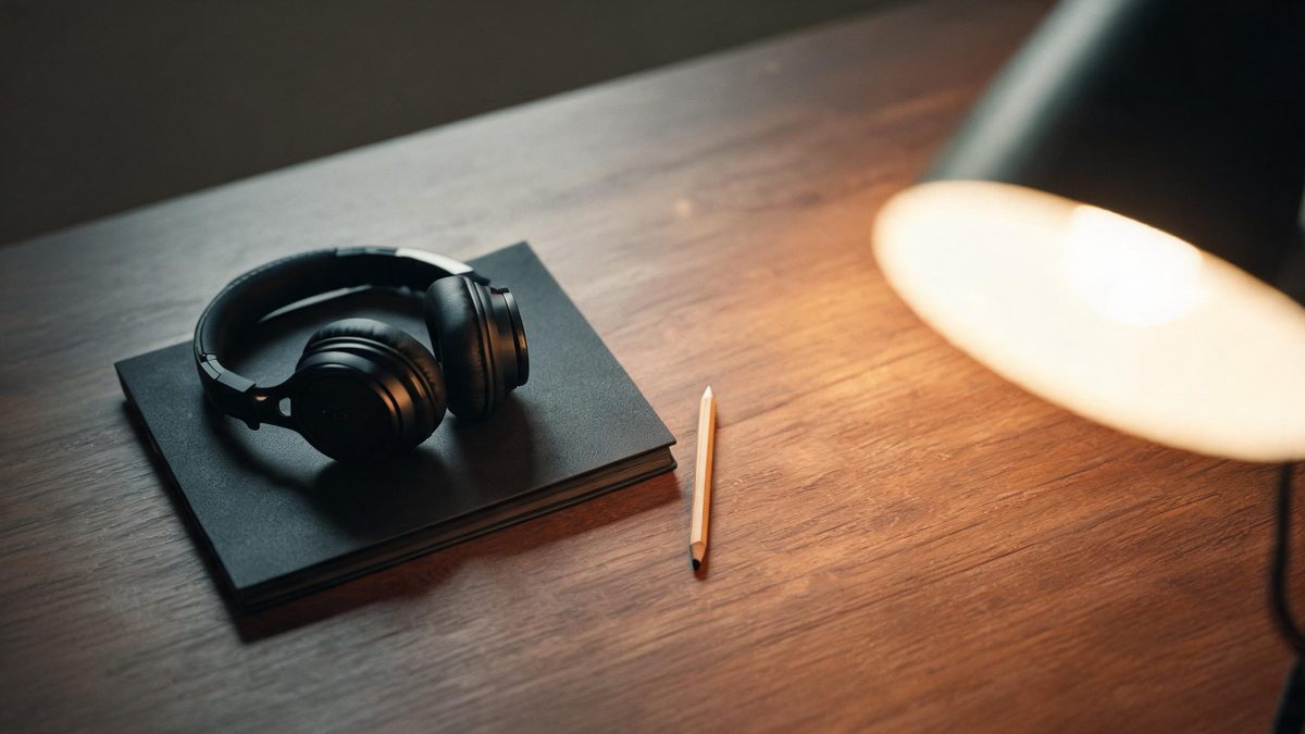 Small studio monitor headphones resting on a closed dark notebook beside a short pencil under one warm desk lamp