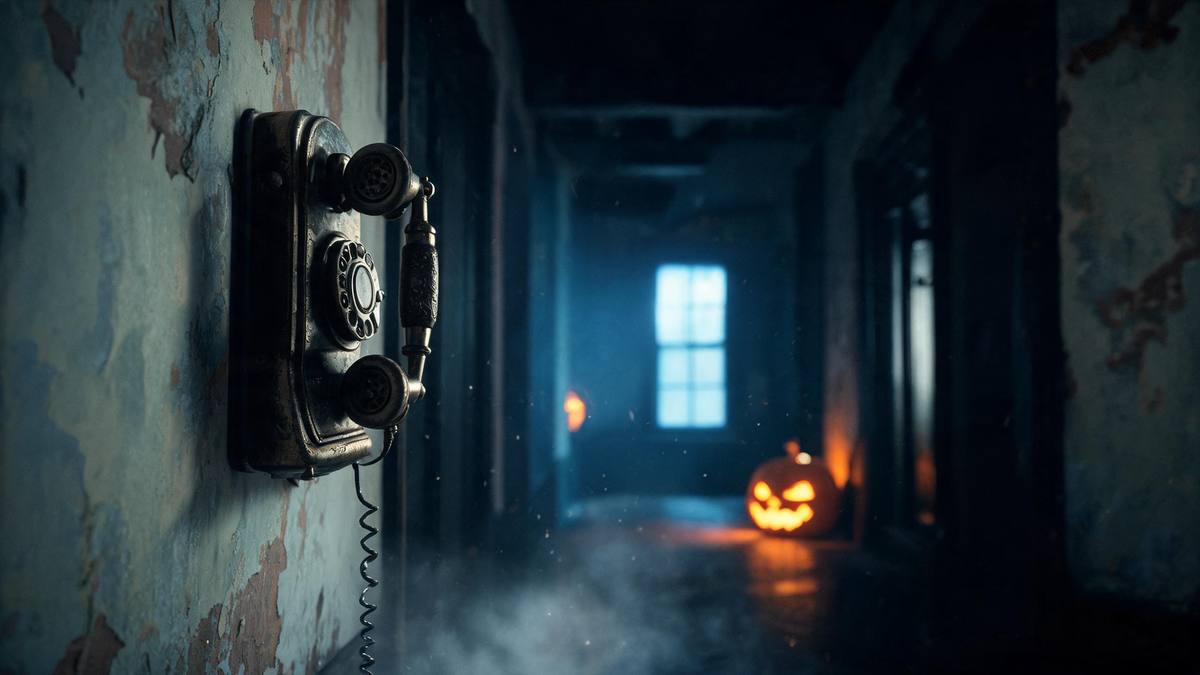 An old wall telephone on a dim hallway wall with dust in the air