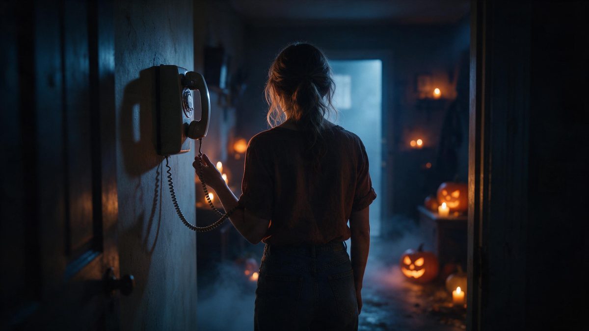 A woman seen from behind in a dim hallway with an old wall telephone ringing ahead of her
