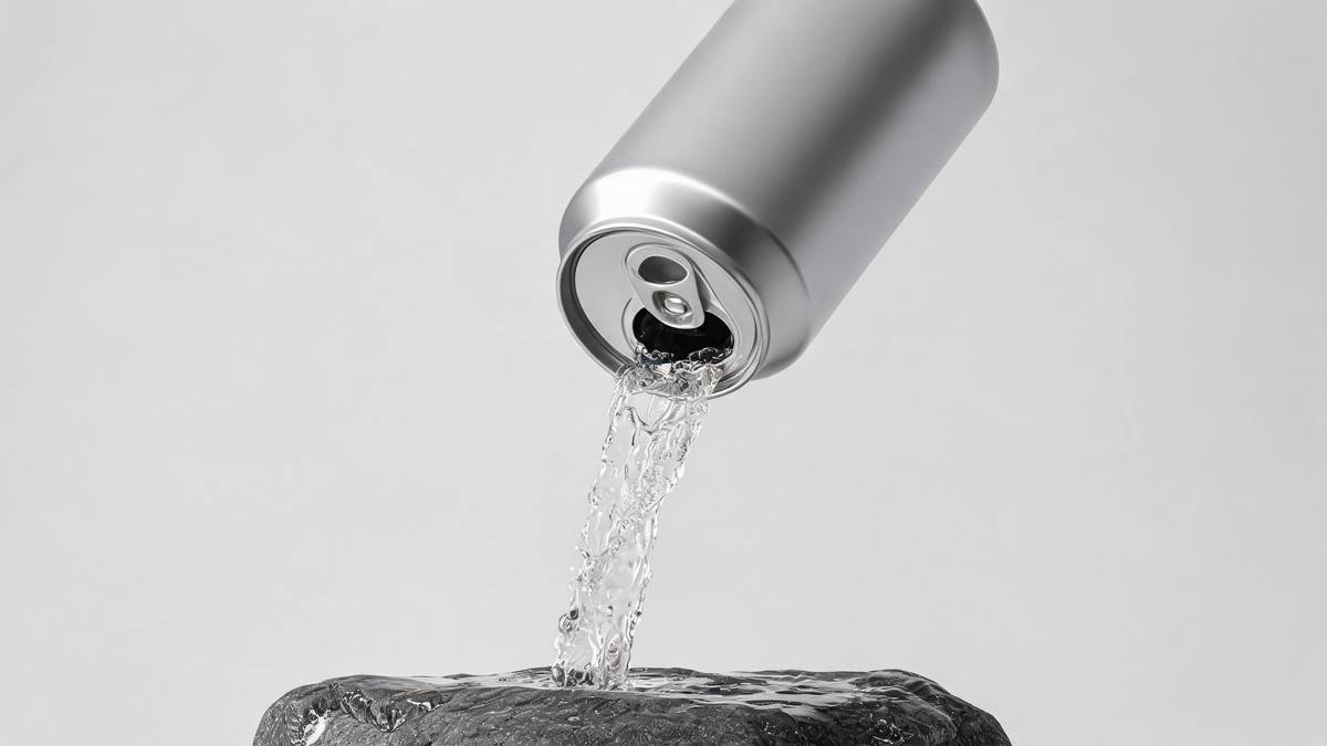 A soda can tipping forward with liquid falling as a small waterfall onto wet stone