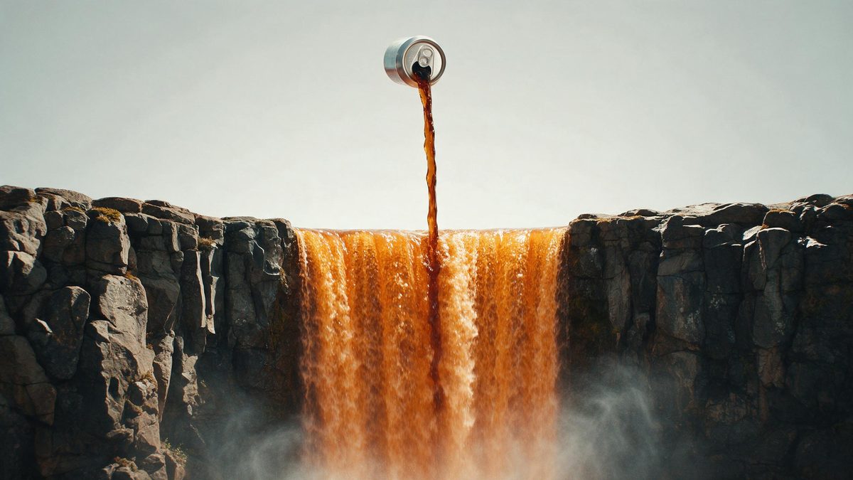 Cola pouring from a can and widening into an orange waterfall down a rocky cliff