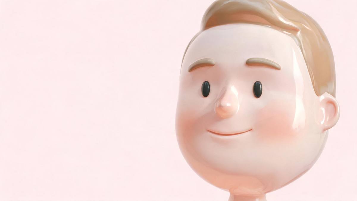 Close-up of a glossy emoji-style figurine face with a smooth plastic sheen on a pastel background