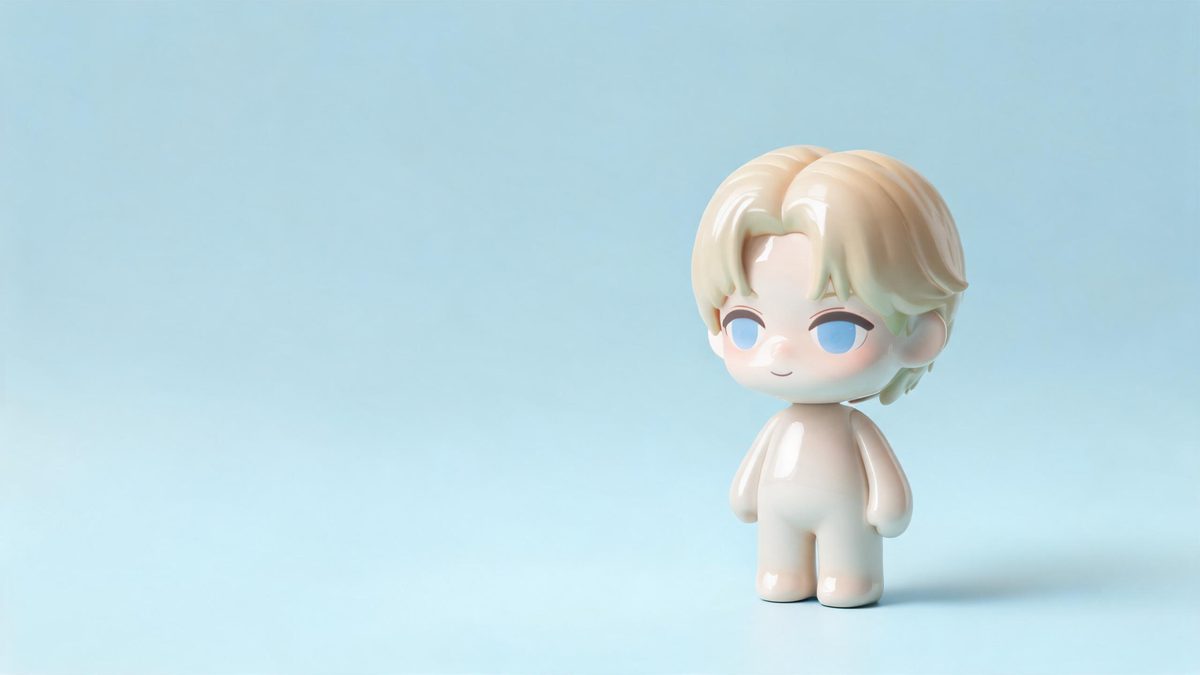 A glossy emoji-style figurine with a smooth plastic surface standing on a pastel background
