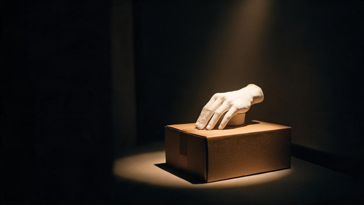 A plaster hand sculpture on a box in a dark studio corner under a single warm spotlight