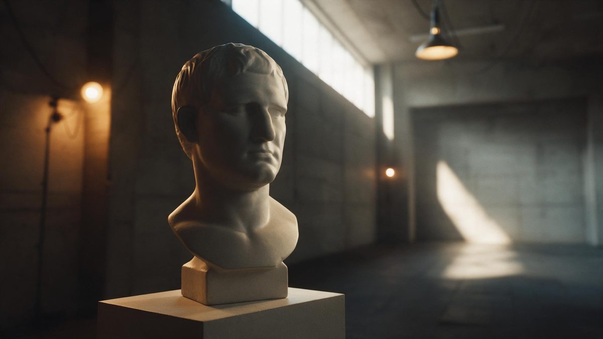 A plaster bust on a plinth in an empty concrete hall, daylight entering from a high window and fading into the far end of the room