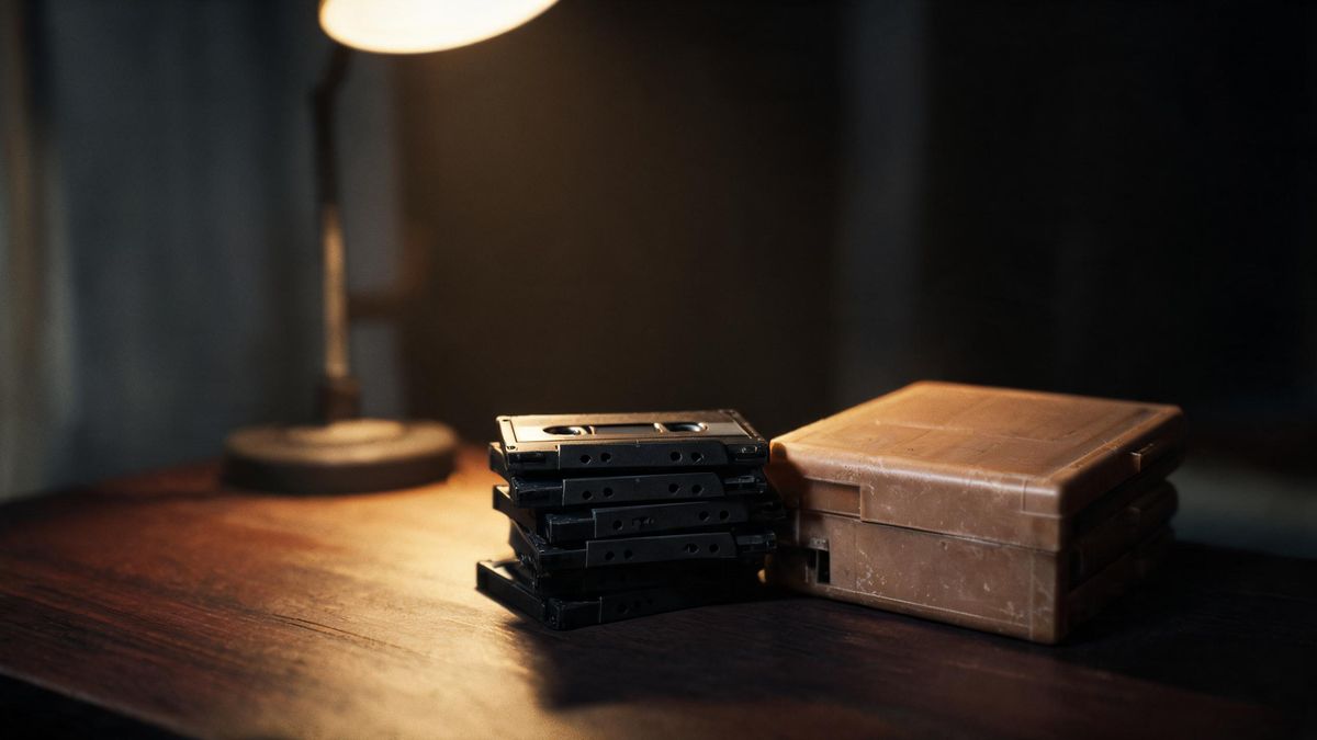 A stack of unlabelled mini tapes beside a worn case on a dark table under a low lamp
