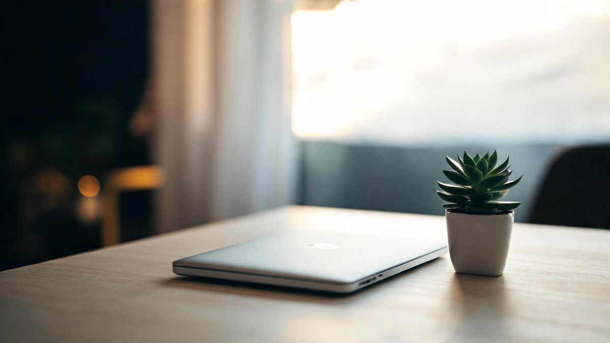 A closed laptop on a pale table beside a small plant, soft window light from behind, no screen visible