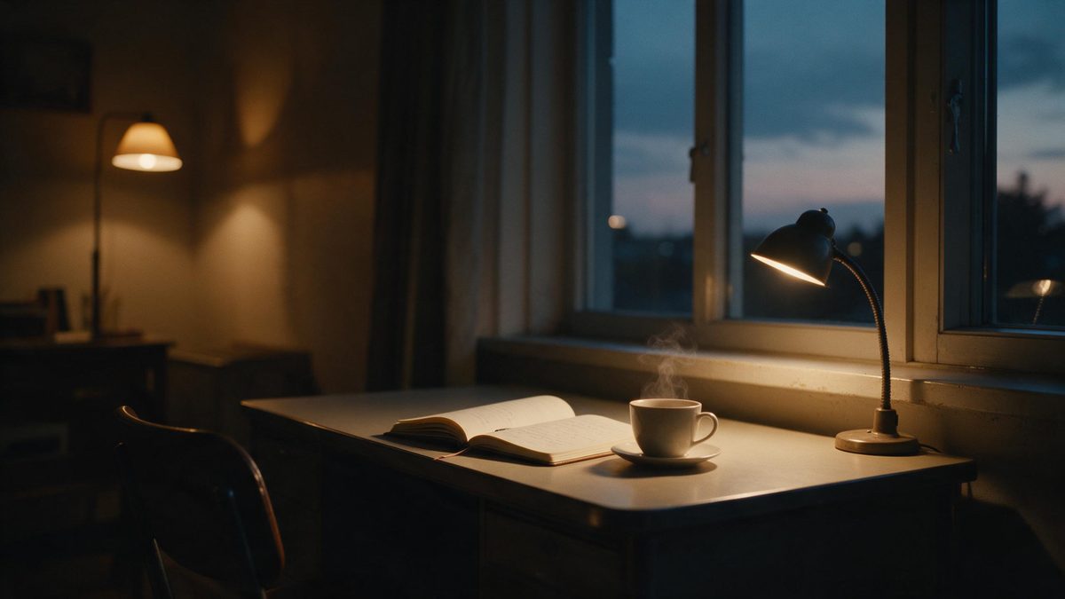 A quiet desk beside a tall window at dusk with an open notebook and a cooling cup, warm room light against blue evening light outside