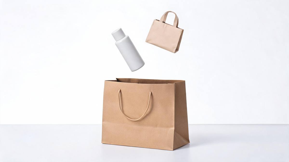 An open shopping bag on a plain surface with plain products floating above it