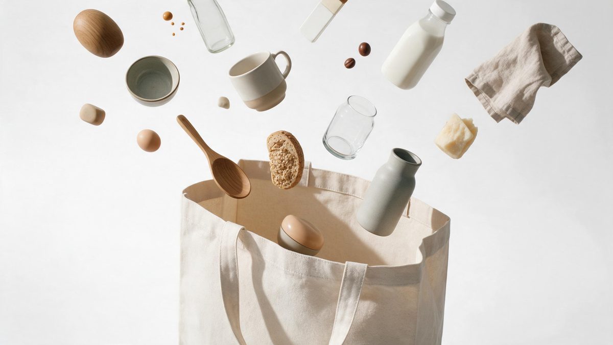 Several plain products flying through the air toward an open shopping bag, frozen mid-flight
