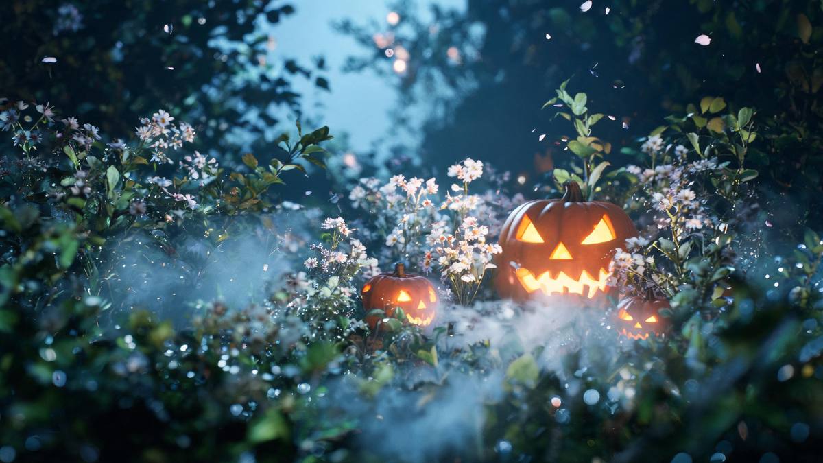 A moonlit garden of pale flowers and soft green foliage at night with petals drifting through the air