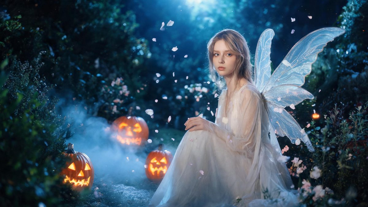 A woman in a flowing pale gown with translucent wings standing in a moonlit garden with drifting petals