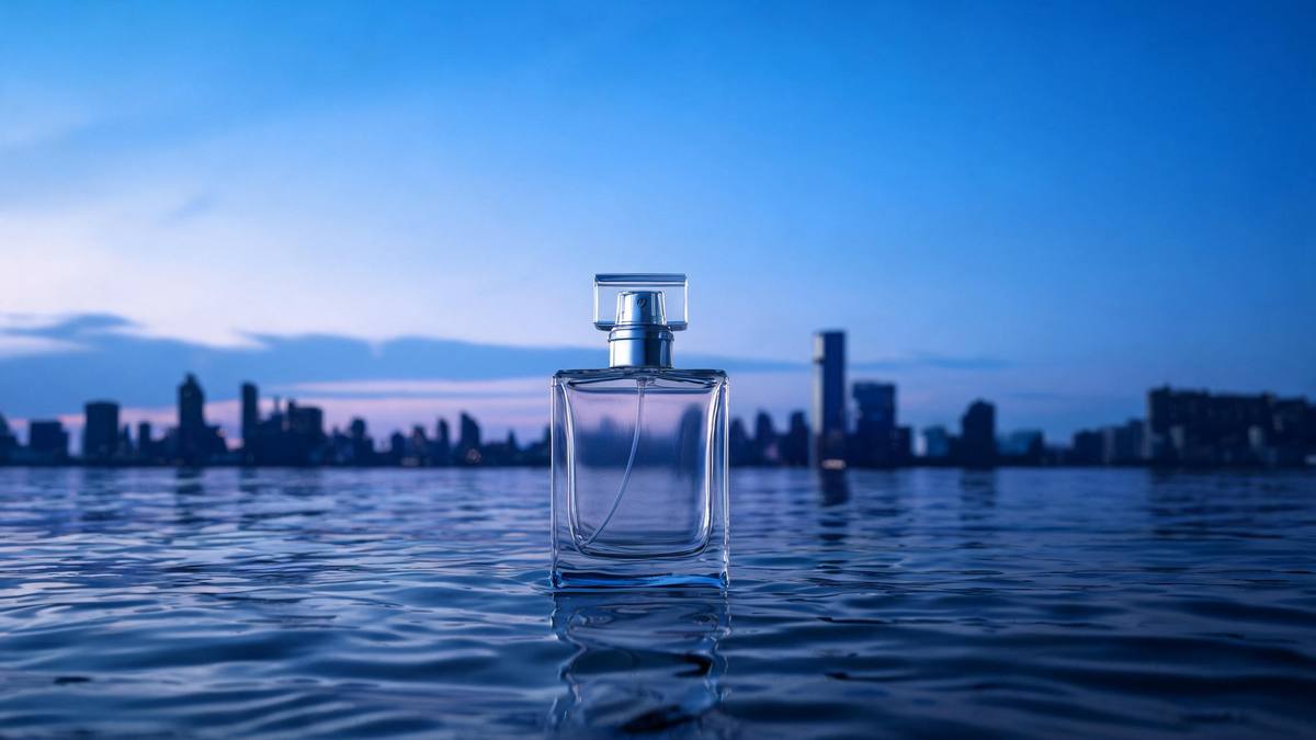 A plain glass perfume bottle floating on still water with a city skyline behind it