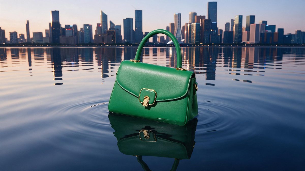 A green handbag floating on calm water in front of a modern city skyline at dusk