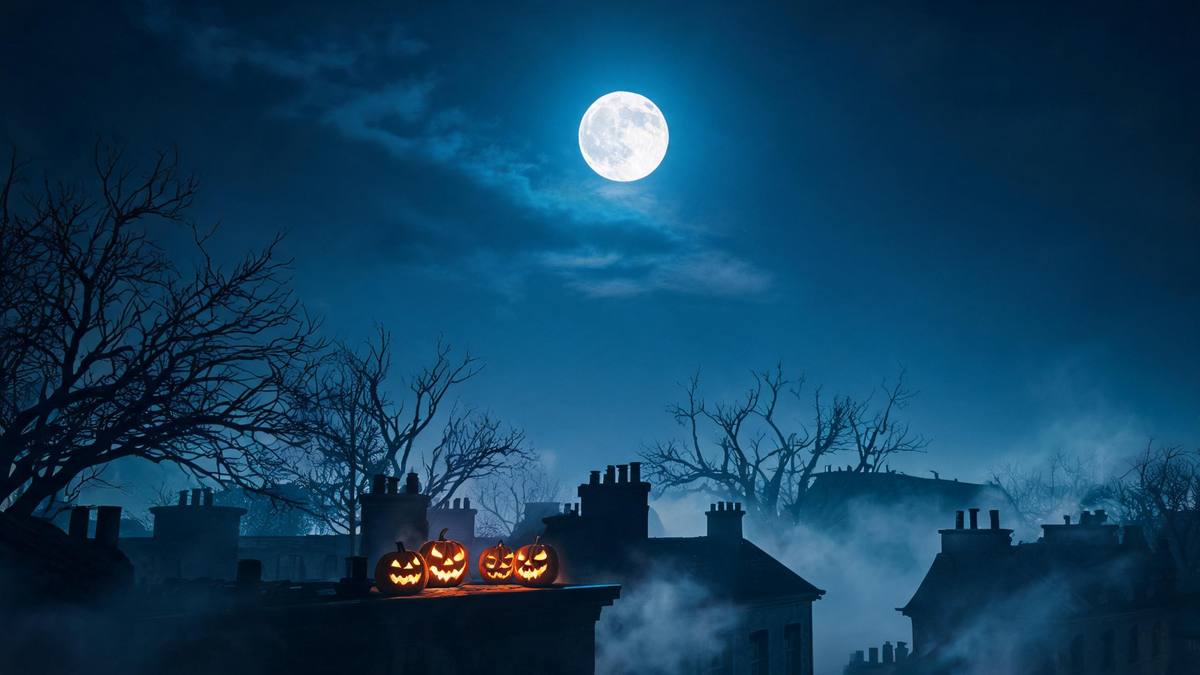 A full moon above dark rooftop silhouettes and bare trees
