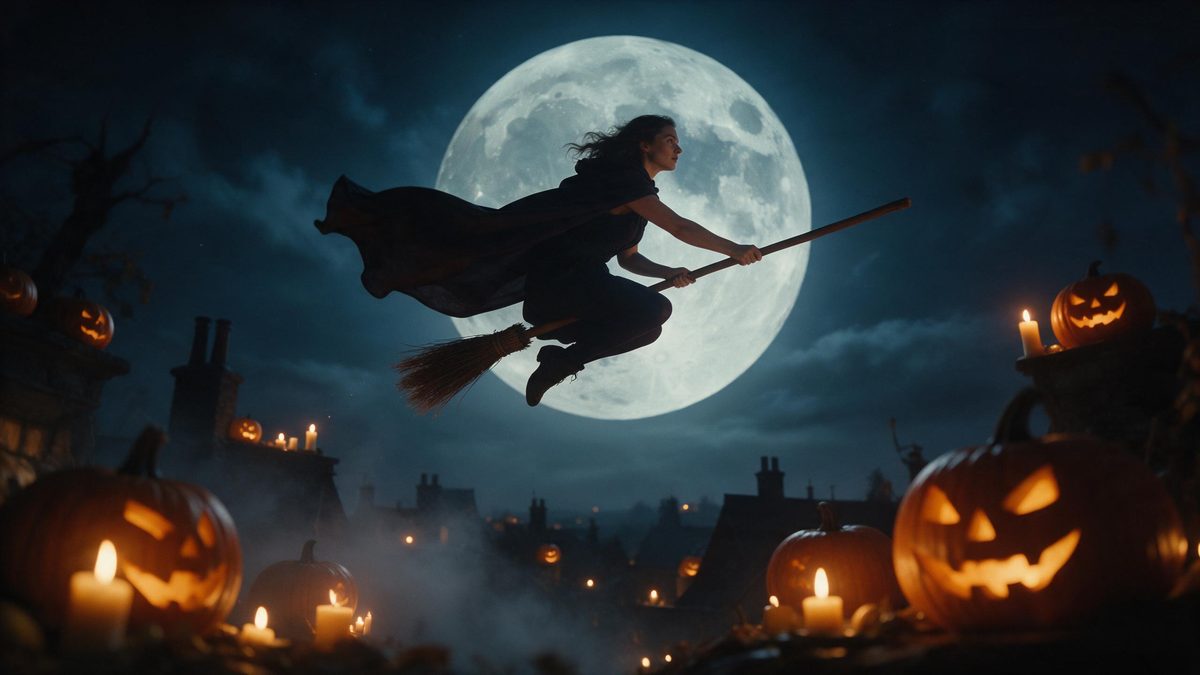 A woman flying on a broomstick across a full moon with her cloak streaming behind her
