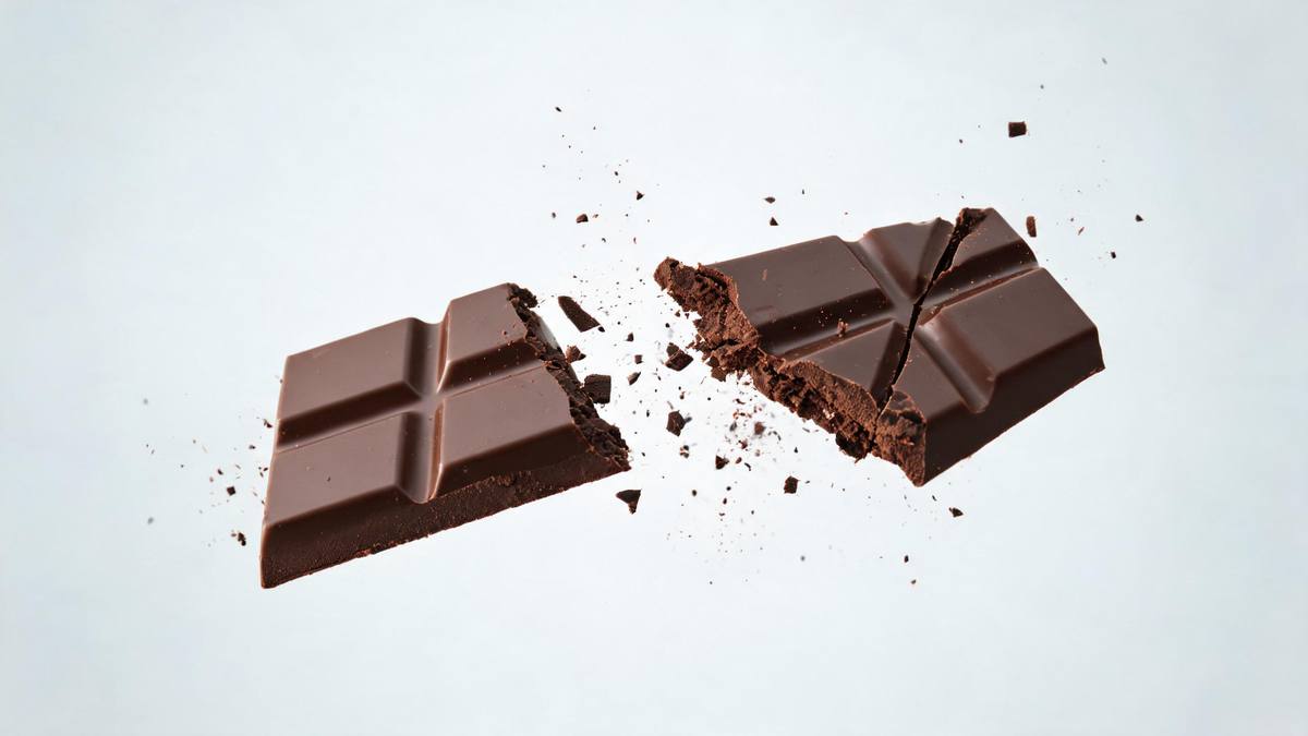 A bar of dark chocolate breaking apart mid-air with crumbs and cocoa dust frozen in a flash