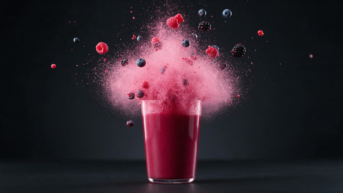 A cup of berry juice bursting into a pink cloud of droplets with fruit pieces flying
