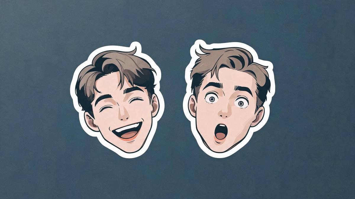 Two comic sticker faces side by side with white borders, one laughing and one surprised