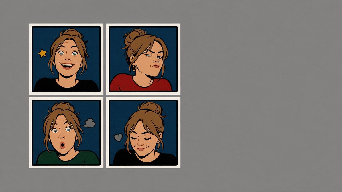 Four comic sticker portraits of one woman showing four different exaggerated expressions in a grid