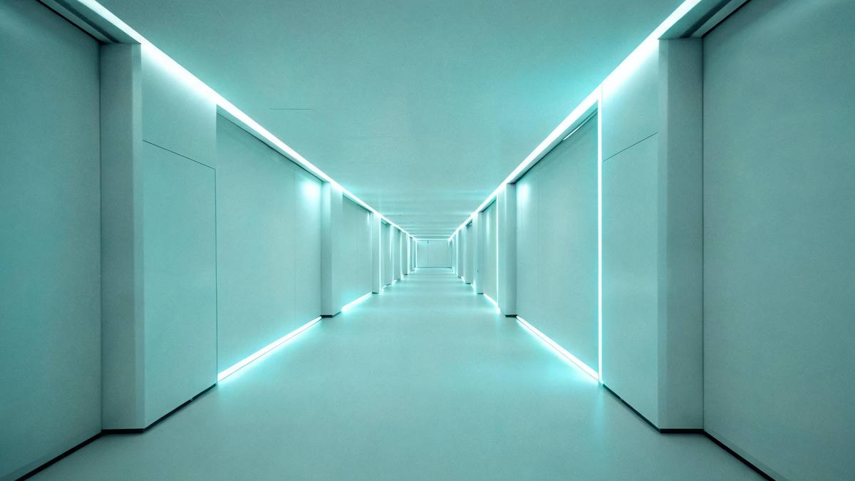 A minimal futuristic interior corridor with smooth pale surfaces and cool cyan light strips
