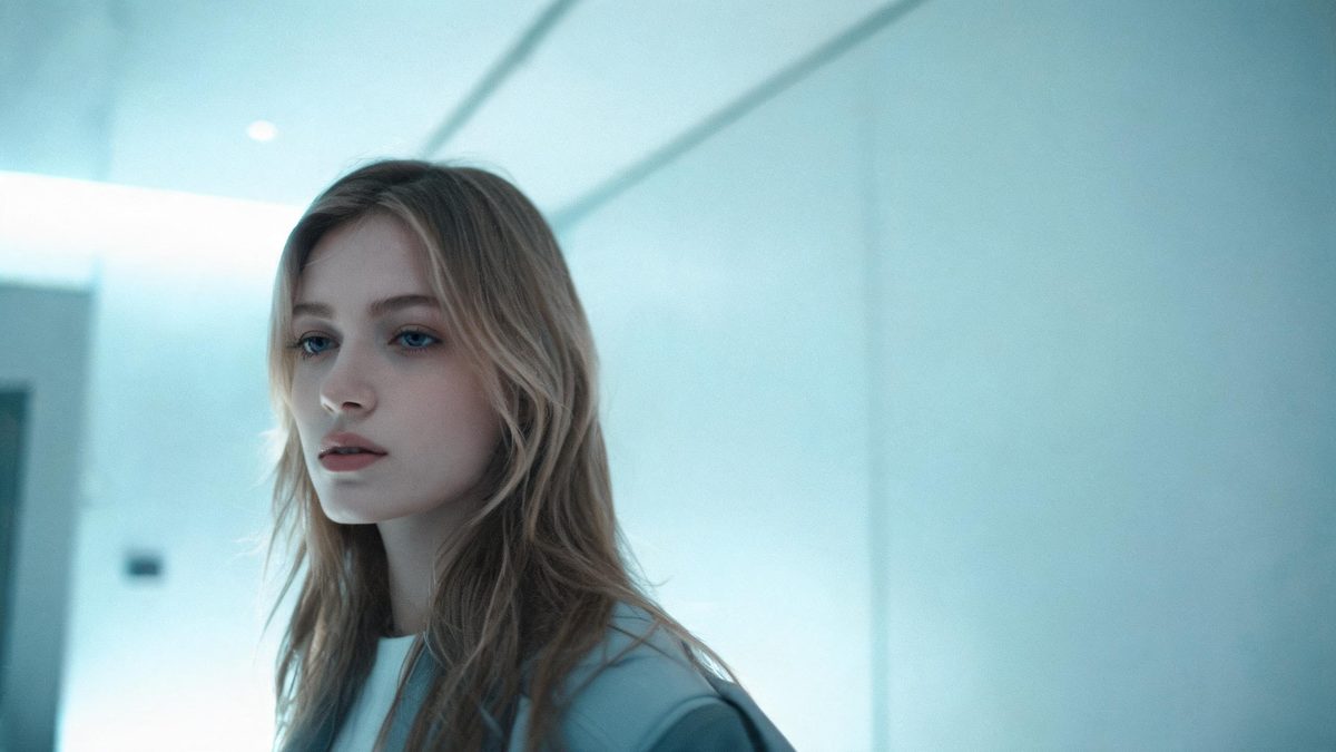 A woman in a clean minimal futuristic interior lit with cool cyan and white light and soft rim light