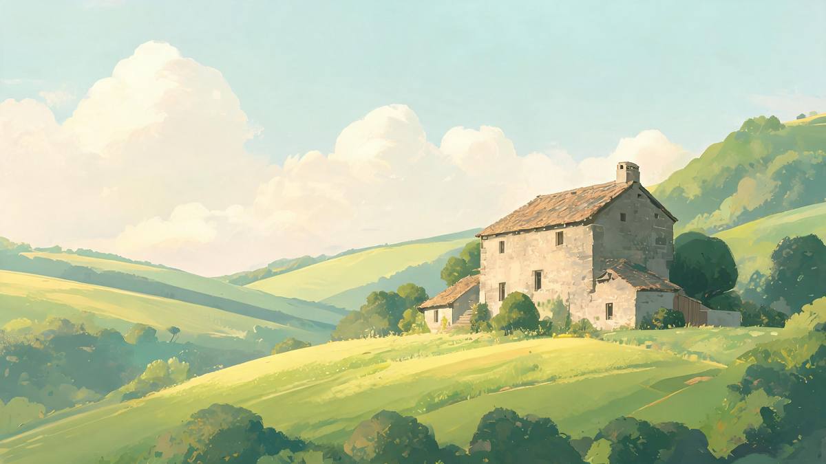 A painted landscape of rolling green hills and an old stone farmhouse under soft cumulus clouds