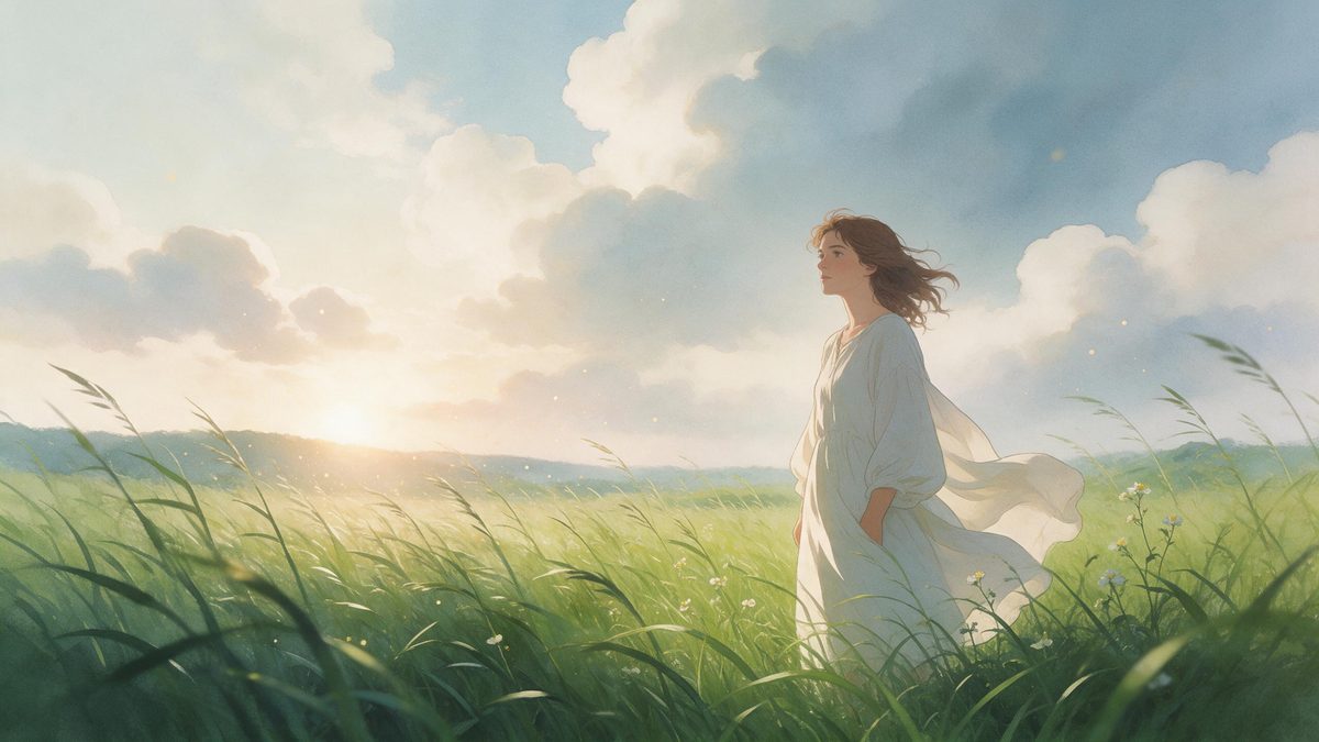 A woman standing in a wind-blown meadow of tall grass under soft painted cumulus clouds in warm afternoon light